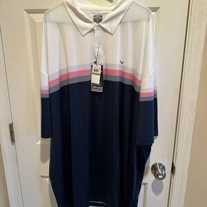 NWT Callaway Mens Short Sleeve Golf Polo Navy White Pink Stripe Opti Dri 5XLT